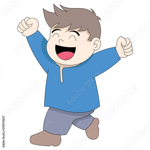 happy kid boy raising hands sign of euphoria
