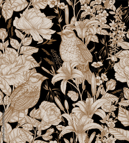 Seamless vector summer pattern flowers and birds in engraving style. Linear graphic lilies, roses, nightingales photo