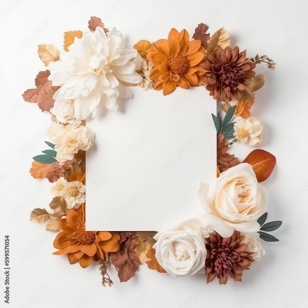 Picture frame mock up, with flowers and small decorations. Generative Ai. Picture frame mock up, with flowers and small decorations. Generative Ai.