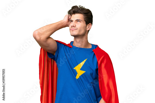 Super Hero caucasian man over isolated background having doubts and with confuse face expression