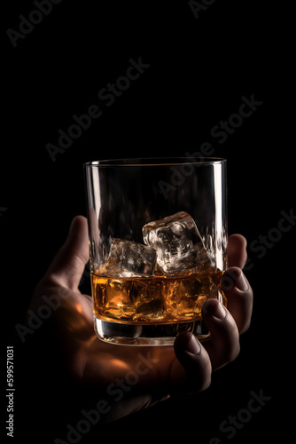 A close-up shot of a man's hand in the foreground, holding a glass of whiskey in mid-air