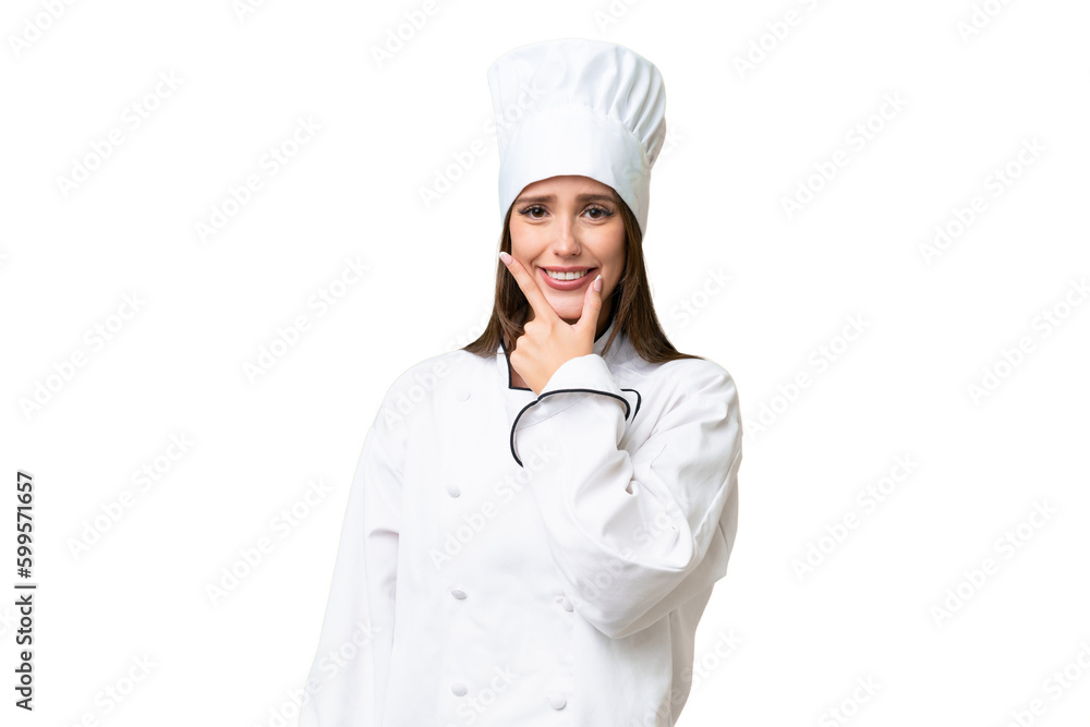 Young chef caucasian woman over isolated background smiling