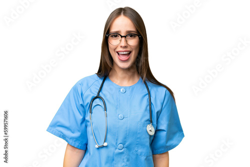 Young nurse caucasian woman over isolated background with surprise facial expression