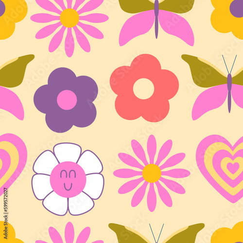 70s retro groovy hippie seamless pattern. Colorful flowers, hearts, butterflies, Y2k, 1970 good vibes, trippy. Nostalgic background, digital paper. Vector illustration.