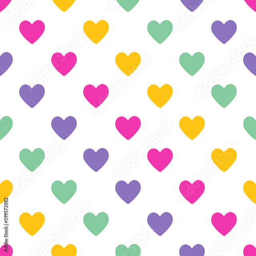 Retro hippie seamless pattern. 70s vintage groovy colorful hearts. Y2k, 1970 good vibes, trippy. Background, digital paper. Vector nostalgia illustration.