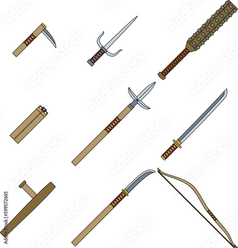 Set of Japanese weapon, flat vector illustration