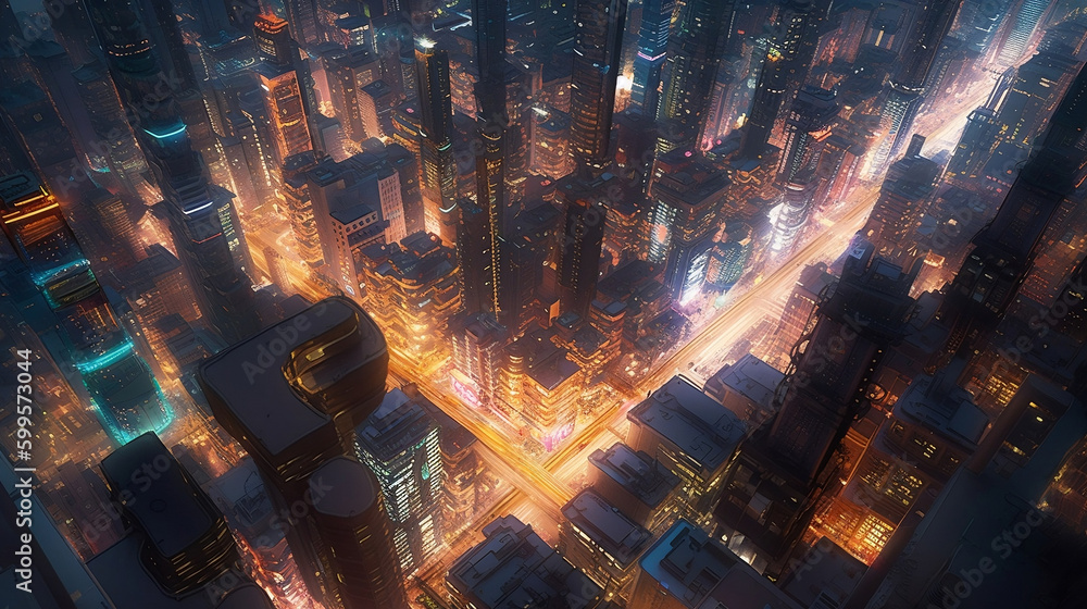 Concept art of a futuristic cityscape in aerial view