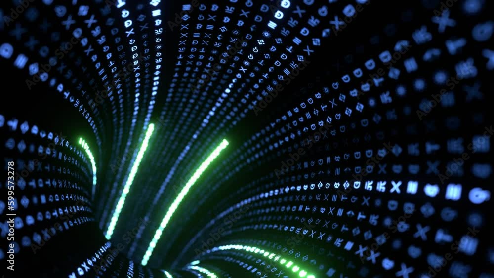 Seamless loop of encrypted data, wire transfer, concept of digital age, bitcoins, e-wallet, algorithm binary, hud interface, data code, decryption, encoding and artificial intelligence. Seamless loop of encrypted data, wire transfer, concept of digital age, bitcoins, e-wallet, algorithm binary, hud interface, data code, decryption, encoding and artificial intelligence.