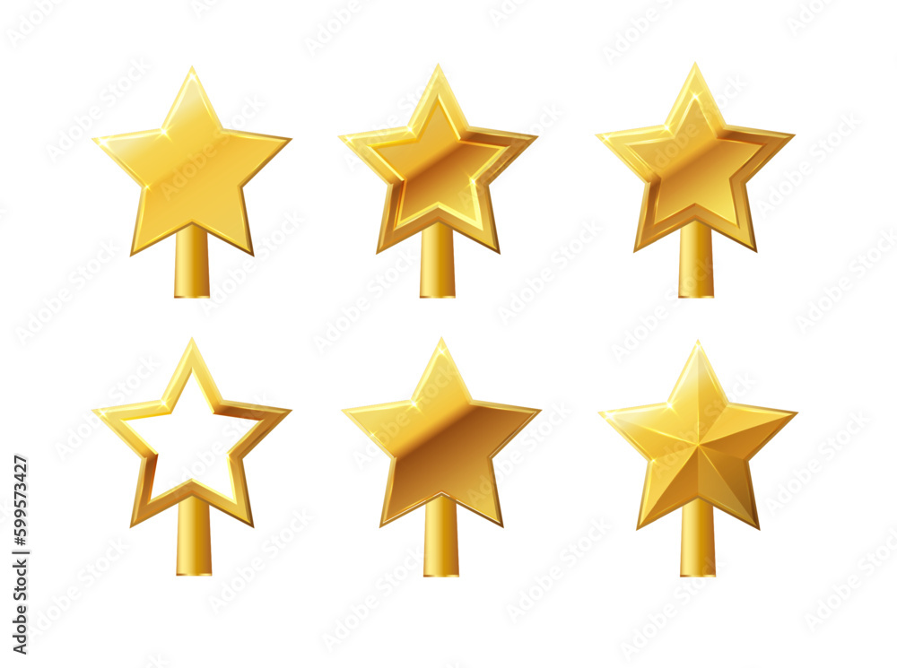 Christmas gold tree topper vector. 3d realistic golden star decoration in deco style, decorative traditional shiny design for top of Xmas pine tree in winter season isolated on white. Christmas gold tree topper vector. 3d realistic golden star decoration in deco style, decorative traditional shiny design for top of Xmas pine tree in winter season isolated on white.
