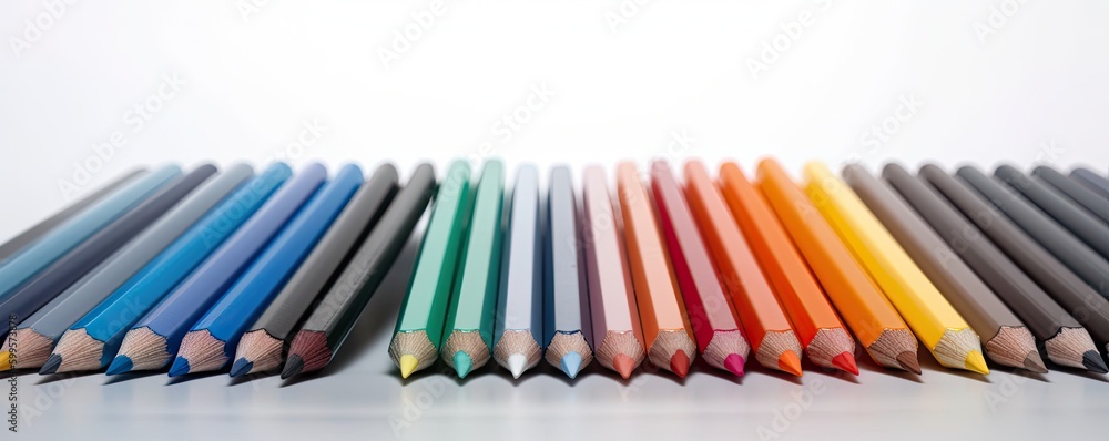 Fototapeta premium Colored pencils laying down isolated on white background with copy space. Back to school generative ai concept