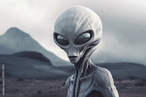 Lonely grey alien invader portrait. Paranormal alien creature. Cinematic Ai generated art