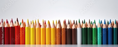 Rows of colored pencils isolated on light background with copy space. Back to school generative ai illustration