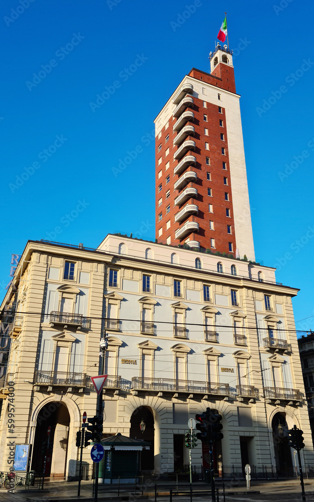 Obraz premium The Littoria Tower is a building in the historic center of Turin from 1934 and is one of the best known rationalist buildings in Italy.