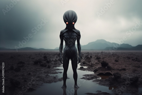 Biomorphic grey alien stands in dim ethereal landscape. Lonely alien invader. World UFO day. Cinematic Ai generated art