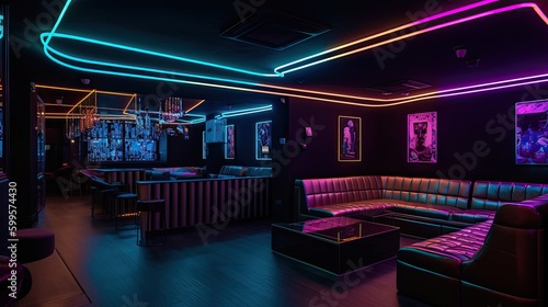 An interior of a nightclub with neon pink lights and dramatic interior design. Generative AI 