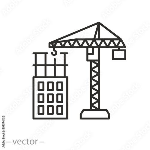 new construction site icon, building crane in residential area, thin line symbol - editable stroke vector illustration