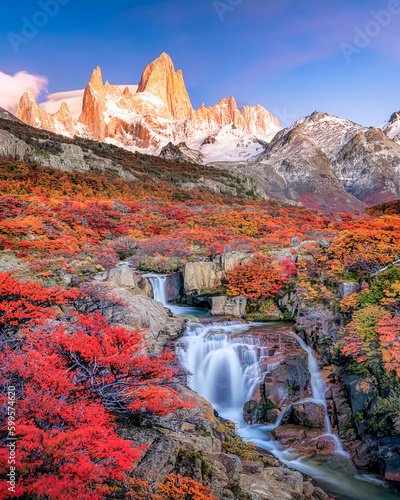 Wonderful scenery view of Mount Fitz Roy with waterfall in autumn time near El Chalten, Patagonia in Argentina.	