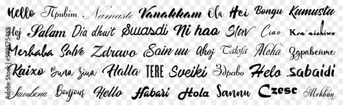 Hello calligraphy text inscription in different language collection. Set of hello text message