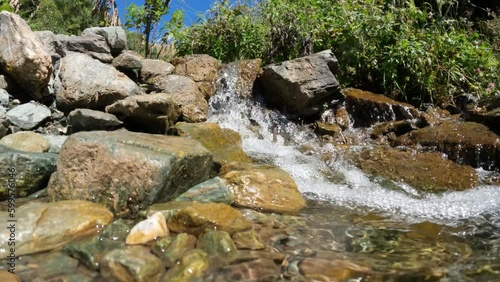 stream or spring with tiny waterfalls in mountain woods - loop video