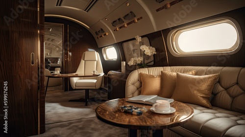 A luxurious and opulent interior design of a private jet with a wooden design. Generative AI © Mockup Station