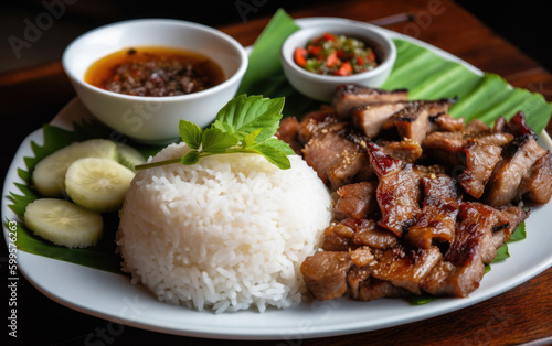 Thai style sticky rice and pork grill created with Generative AI technology