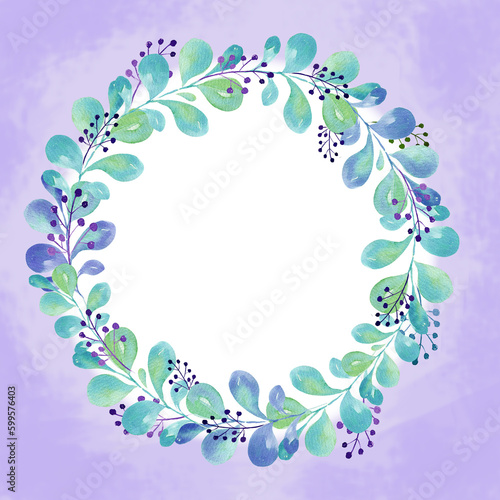 watercolor wreath with green and blue leaves, gradient in illustration, sketch, green and blue color, herbal ornament on watercolor lilac background