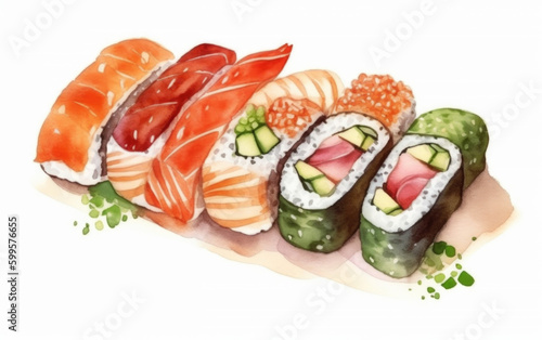 watercolor of sushi Nigiri, maki, created with Generative AI technology