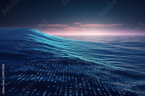 Unlimited ocean of information with waves of binary code at dawn, abstract seascape background
