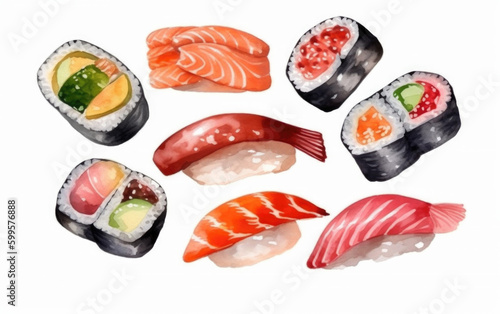 watercolor of sashimi and sushi created with Generative AI technology