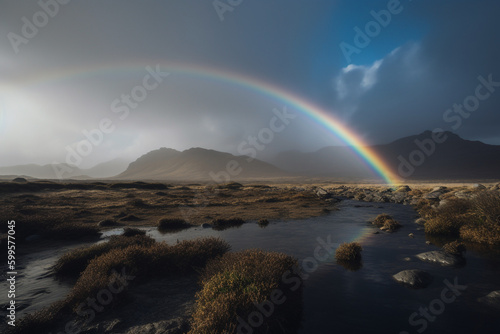 Rainbow over scenic landscape generative AI