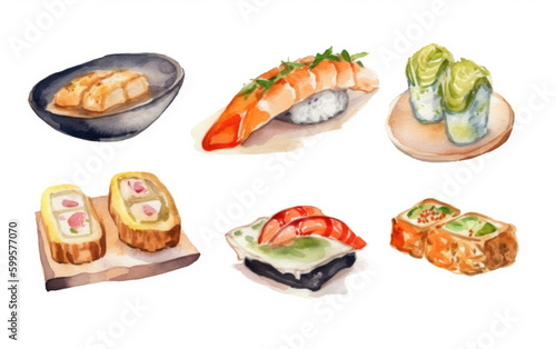 watercolor of Japanese food sashimi and sushi created with Generative AI technology