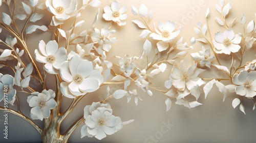 floral tree with white flower leaves and golden stem. Generative AI