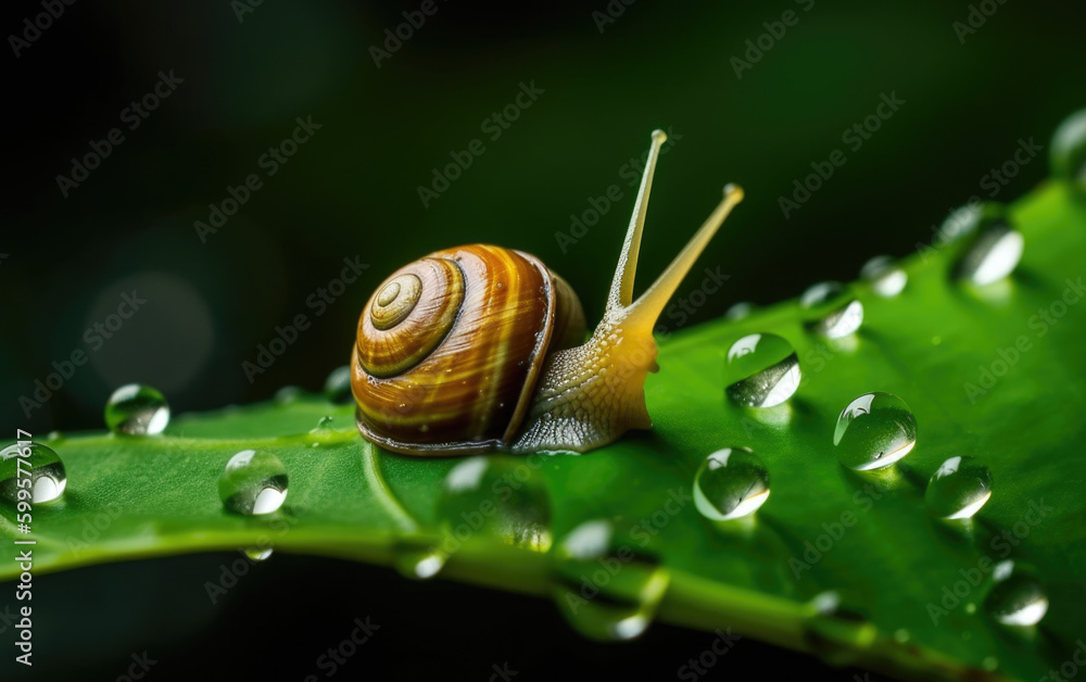 snail on leaf surrounded by water drop created with Generative AI technology snail on leaf surrounded by water drop created with Generative AI technology