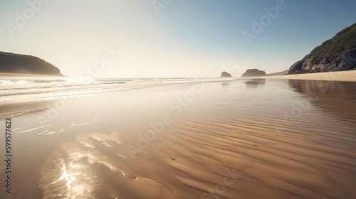 A tranquil serene scene of a beach with soft warm sand. Generative AI 