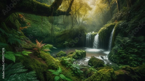 A tranquil serene scene of a waterfall. Generative AI 