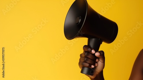 woman's hand holding a megaphone against a yellow background, generative ai