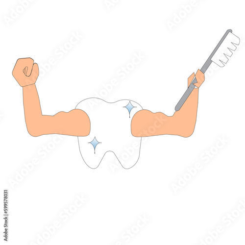 teeth with hand holding a brush to clean and being strong simple vector