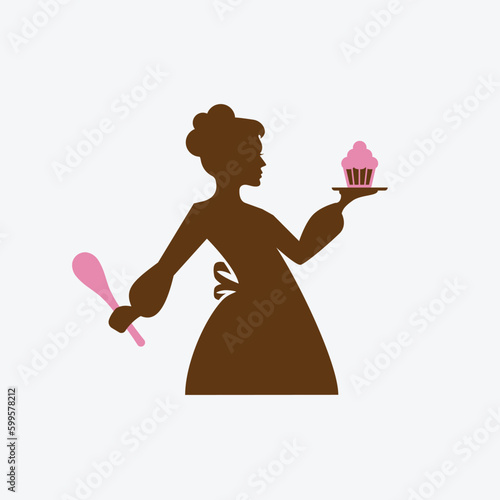 Woman chef holding a spoon and a cupcake. Artisan Bakery Logo.