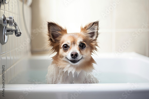 happy chihuahua in bathtub created with Generative AI technology © Poprock3d