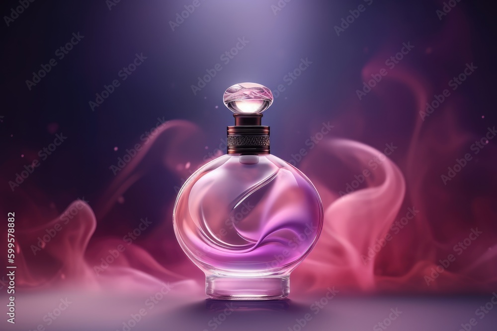 luxury glass or crystal perfume bottle with smoke waves background in pink purple theme, mixed digital 3d illustration and matte painting, generative ai luxury glass or crystal perfume bottle with smoke waves background in pink purple theme, mixed digital 3d illustration and matte painting, generative ai