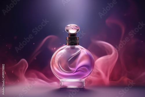 luxury glass or crystal perfume bottle with smoke waves background in pink purple theme, mixed digital 3d illustration and matte painting, generative ai photo