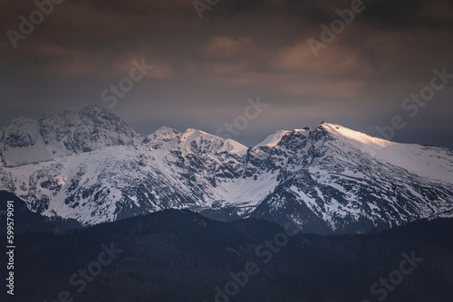 Tatra mountains covered with snow at sunset