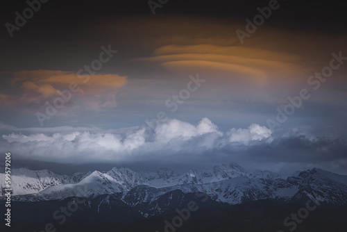 Tatra mountains covered with snow at sunset