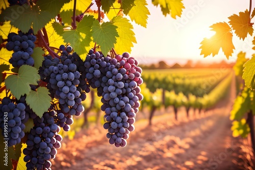 Vineyard sunset. Ripe wine grapes. Generative AI