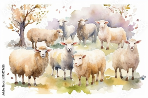 Sheeps farm in willows character clipart  white background.