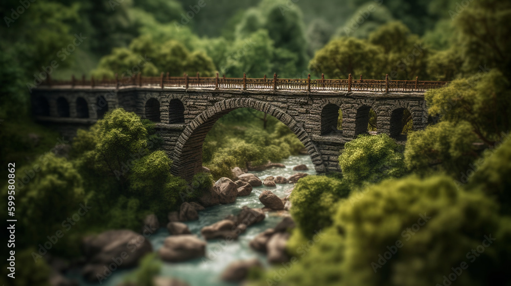 Bridge over the river in the mountains. Generative AI