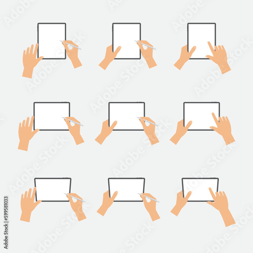 Set of hands holding, writing, drawing with stylus pens on blank screen of digital tablets in vertical, horizontal and on stand position from top view in flat design vector