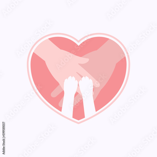 Two paws of cat on hands of family members in heart shaped flat design vector