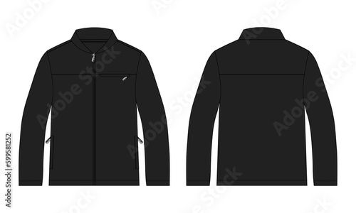 Long sleeve jacket with pocket and zipper technical fashion flat sketch vector illustration Black Color template front and back views. Fleece jersey sweatshirt jacket for men's and boys.
