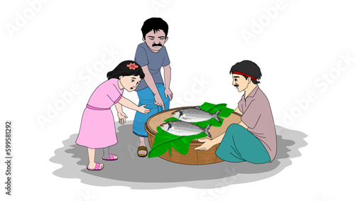 Father and daughter questioning fish seller